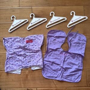 American Girl Doll Purple Hospital Gown, Purple Hair Salon Cape, White Hangers